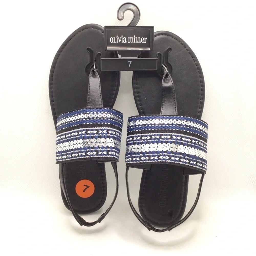 NWOB Olivia Miller Womens Blue Sequin Thong Slingback Sandal Size 7